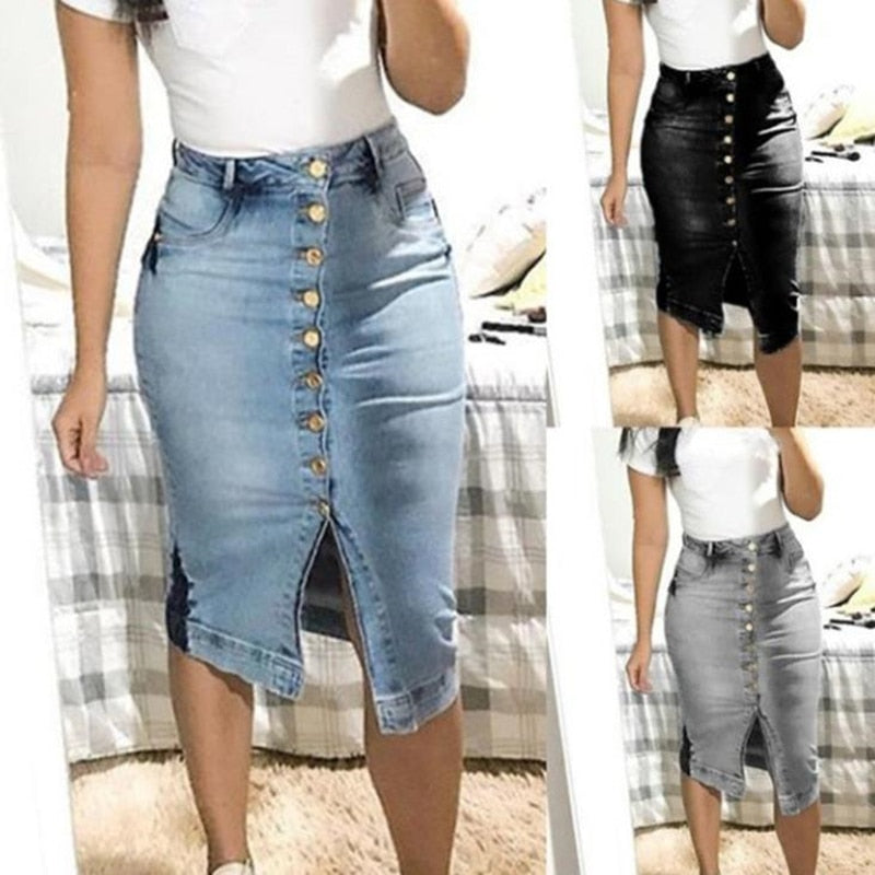 Midi Pencil High Waist Denim Button Skirt