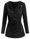 Cowl Neck Mock Button Long Sleeve Marled Top
