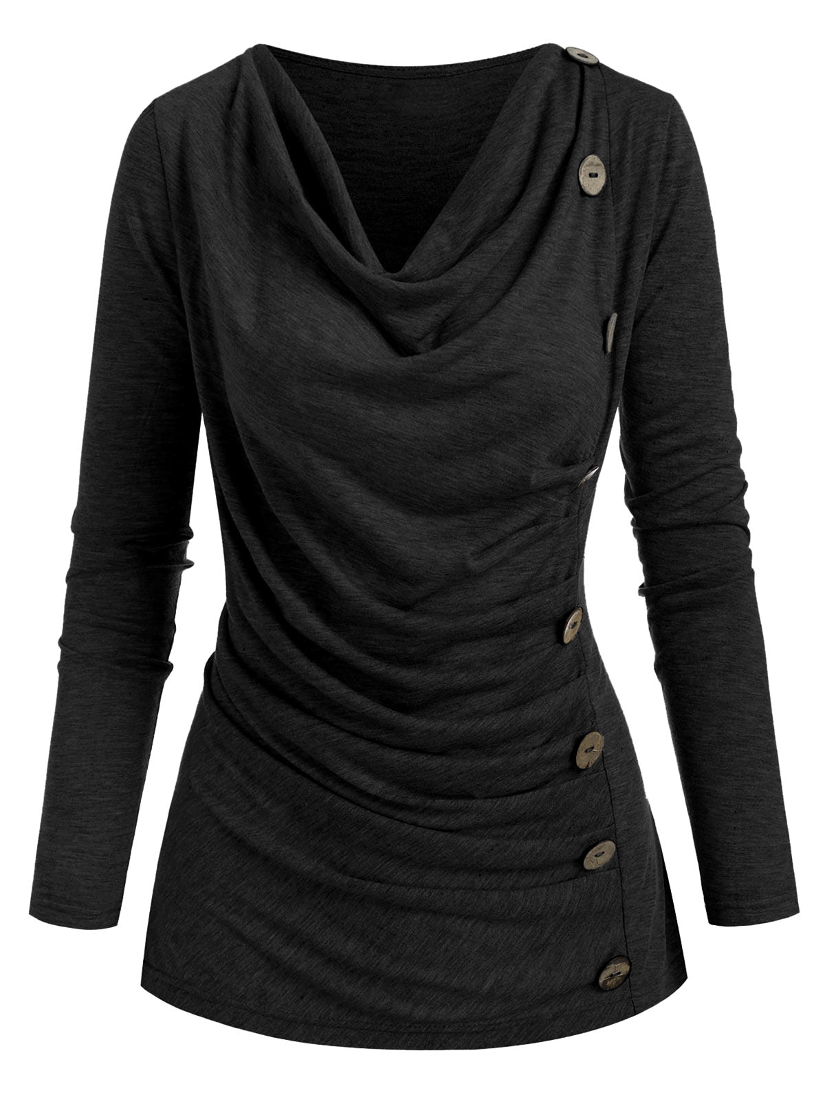 Cowl Neck Mock Button Long Sleeve Marled Top