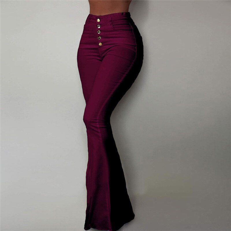 Bell-bottom Solid High Waist Long Pants