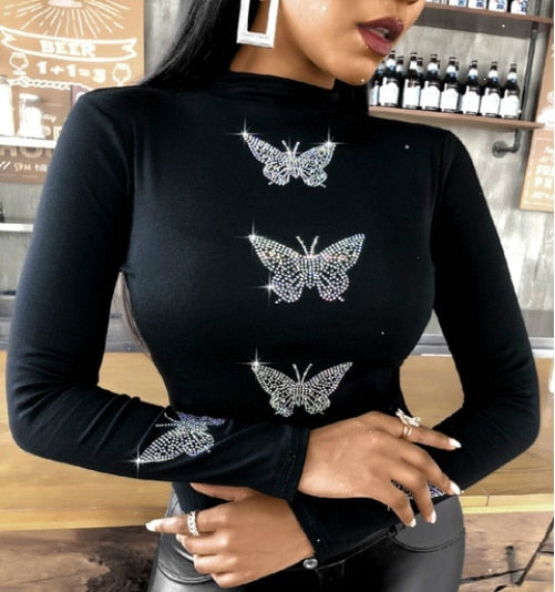 Casual T-shirt  Butterfly Pattern Studded Long Sleeve XS-5XL