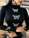 Casual T-shirt  Butterfly Pattern Studded Long Sleeve XS-5XL
