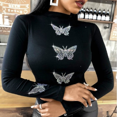 Casual T-shirt  Butterfly Pattern Studded Long Sleeve XS-5XL