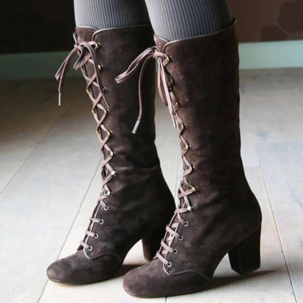 Mid-Calf Lace Up Thick Heels Boots