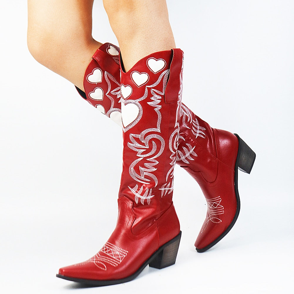 Heart Pointed Toe Embroidery Cowgirl Western Boots