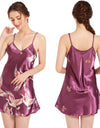 Satin Nightgown Crane Print Sleepwear With Spaghetti Strap
