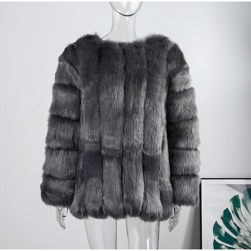 Elegant Windproof Thick Faux Fox Fur Long Coat