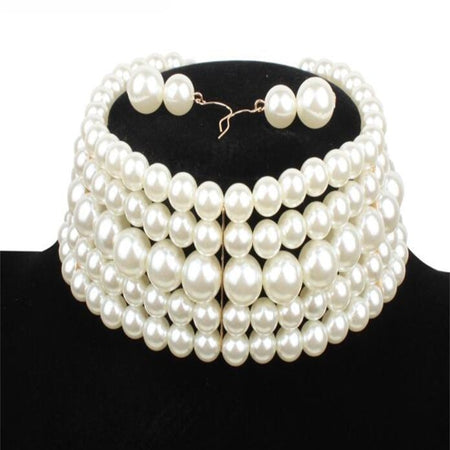 Multi-layer imitation pearl beaded short necklace earring set