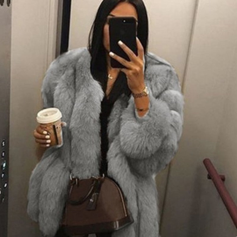 Elegant Windproof Thick Faux Fox Fur Long Coat