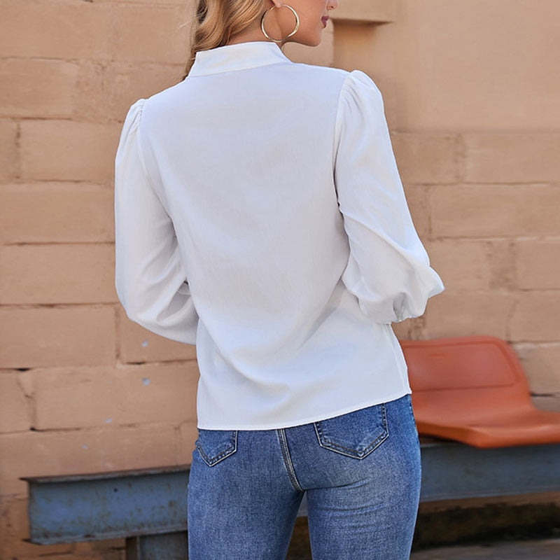 Solid Color V-Neck Long Sleeve Shirt