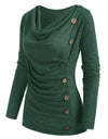 Cowl Neck Mock Button Long Sleeve Marled Top