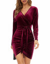Red V-Neck Slim Belt Velvet Dress