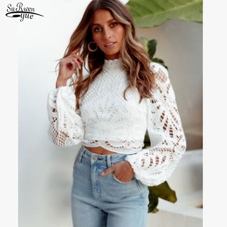 Elegant Long Sleeve Lace Blouse Crochet