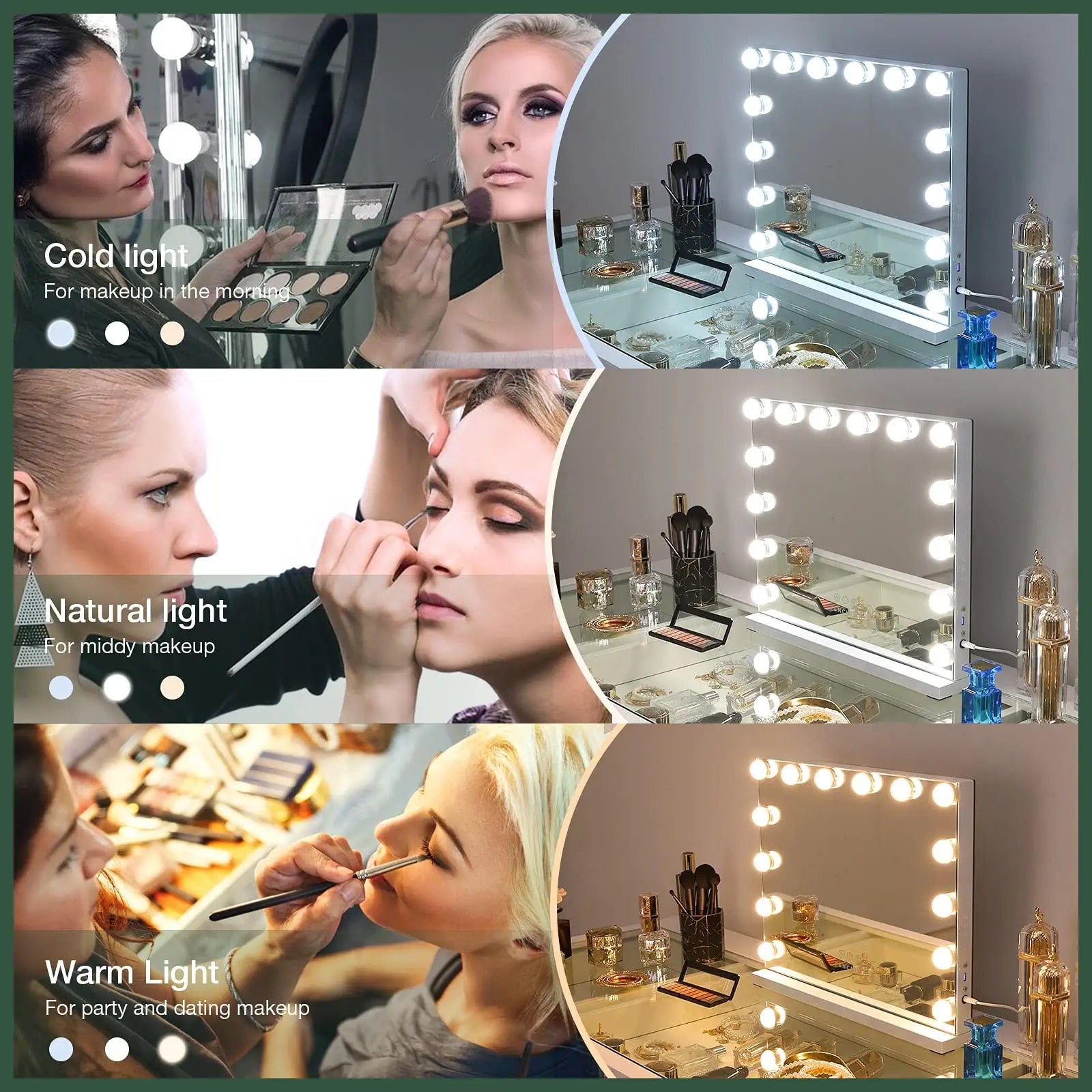 LED Large Makeup Mirror with 14 Dimmable Bulbs Hollywood Lighting and Charging Ports