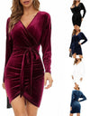 Red V-Neck Slim Belt Velvet Dress
