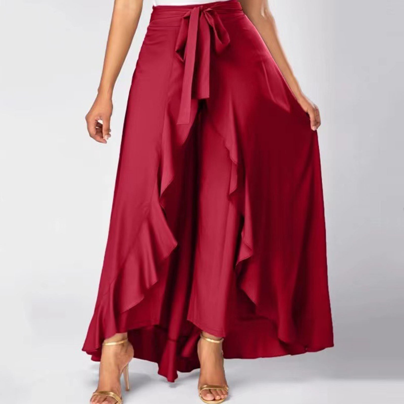 Chiffon Wide-Leg Ruffle Split Tie-Waist Maxi Skirt