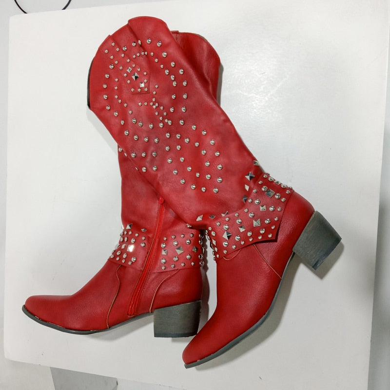 Chunky Heel Rivet Pointed Toe Western Boots