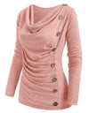 Cowl Neck Mock Button Long Sleeve Marled Top