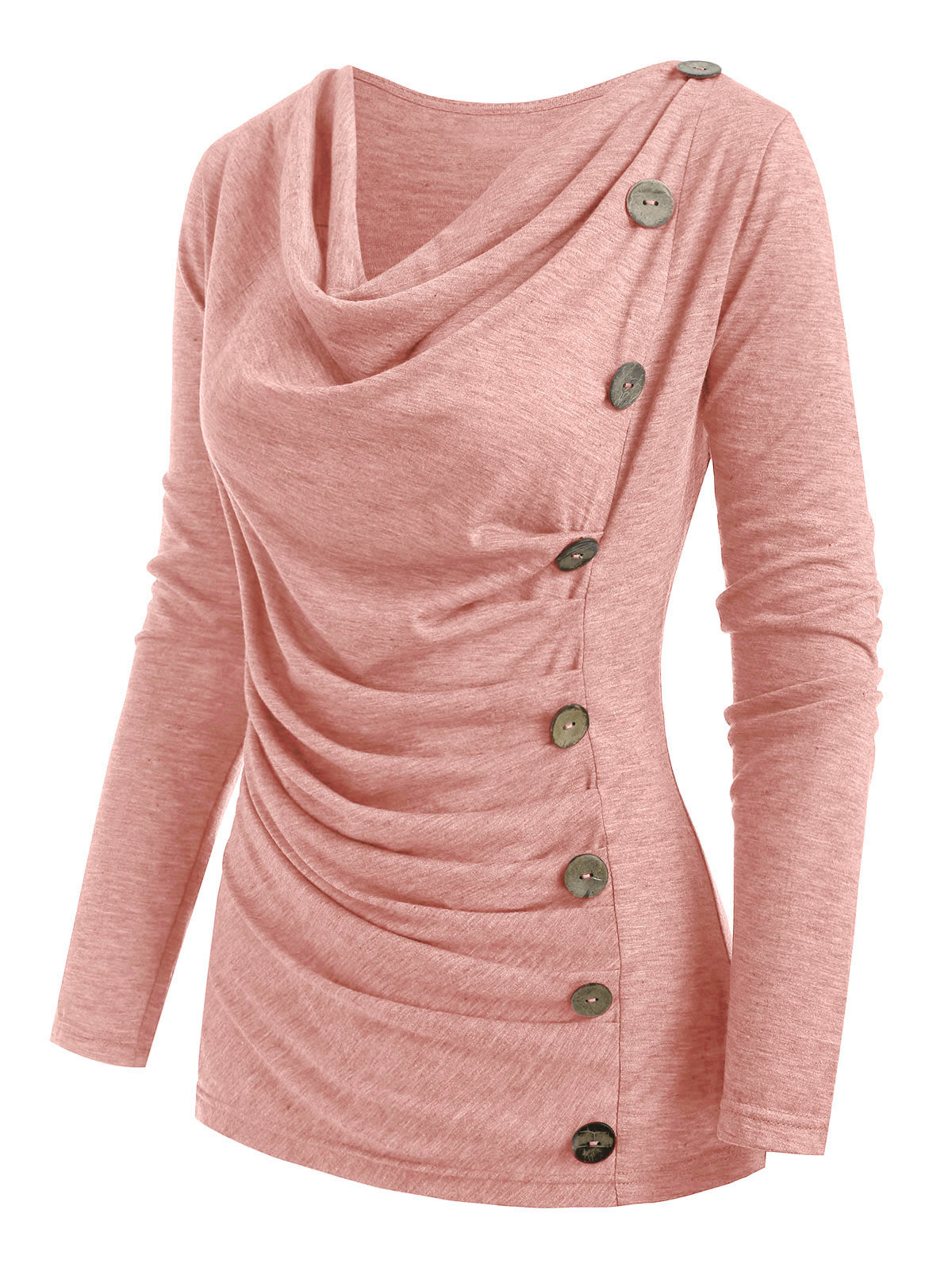 Cowl Neck Mock Button Long Sleeve Marled Top