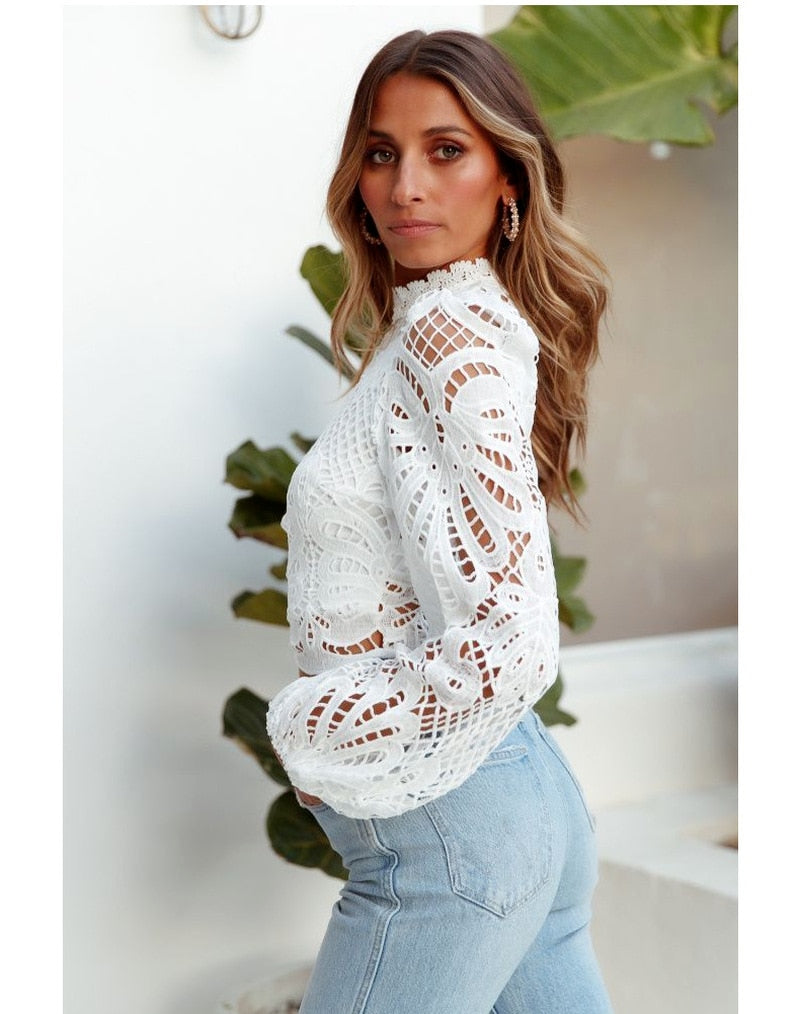 Elegant Long Sleeve Lace Blouse Crochet