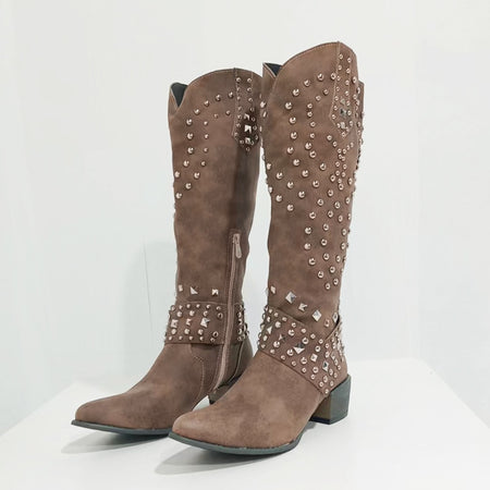 Chunky Heel Rivet Pointed Toe Western Boots