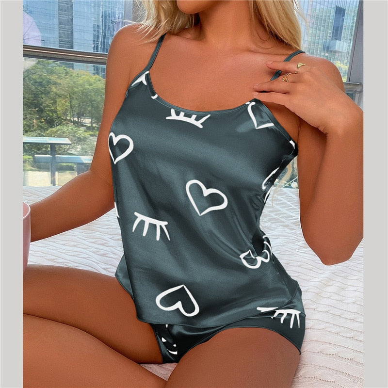 Silk Heart Print Pajama Set