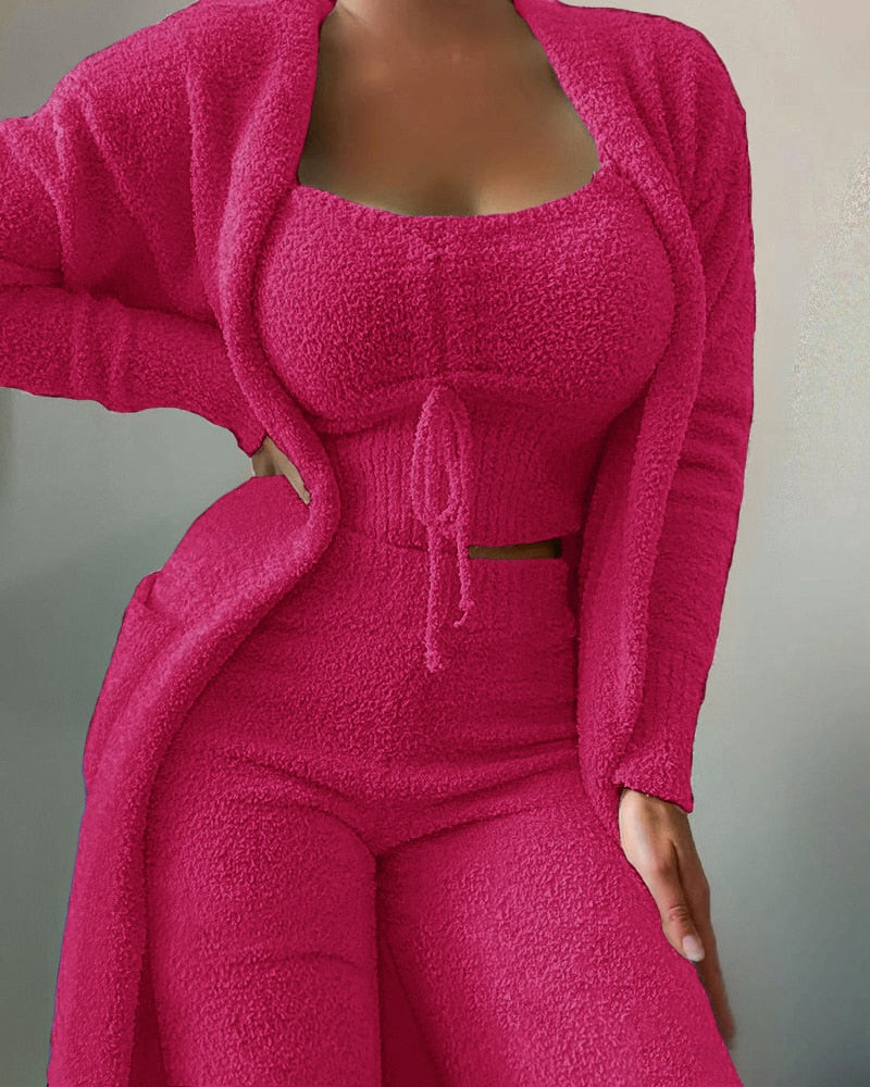 Warm Soft Fleece 3 Pieces Crop Top+Long Pants+Coat