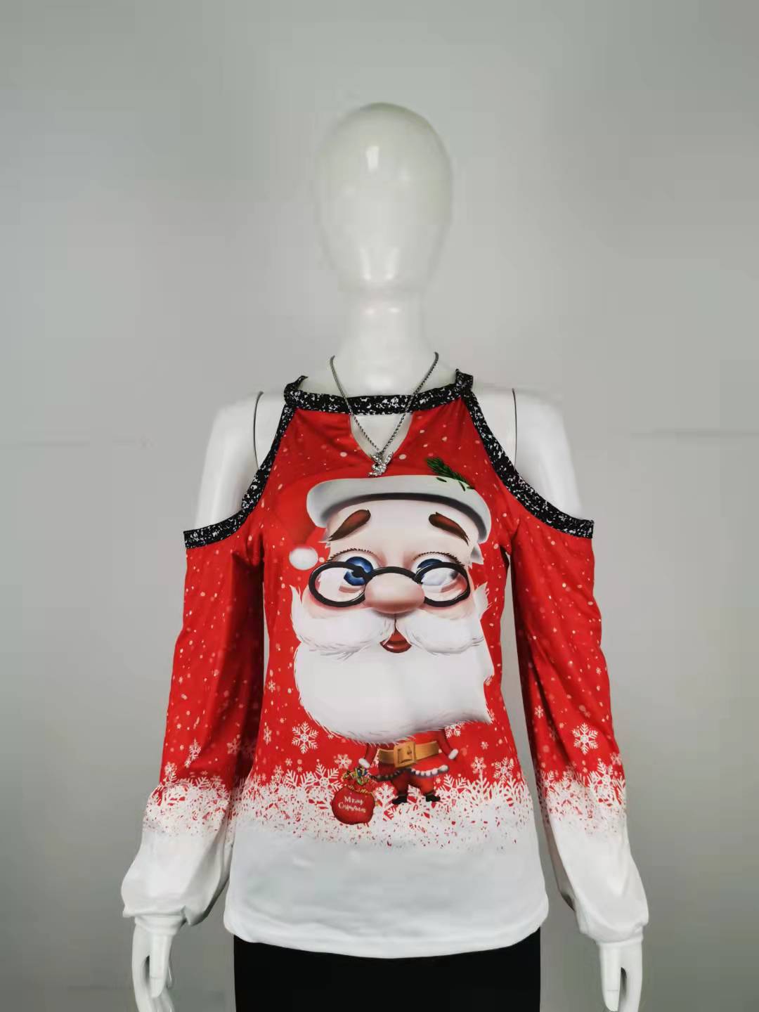 Oversized Santa Print Off-shoulder Long-sleeved Top