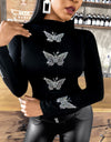 Casual T-shirt  Butterfly Pattern Studded Long Sleeve XS-5XL