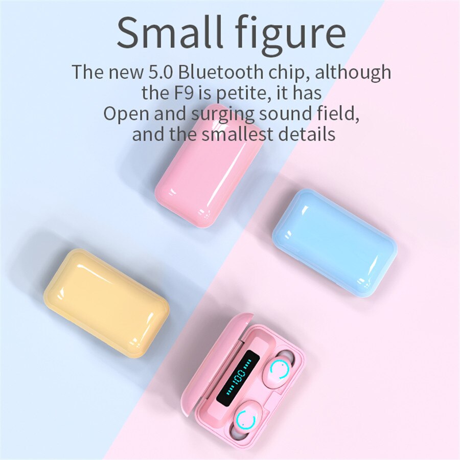 F9 TWS Bluetooth 5.0 Wireless Earphone Pink 2200mAh Charging Box