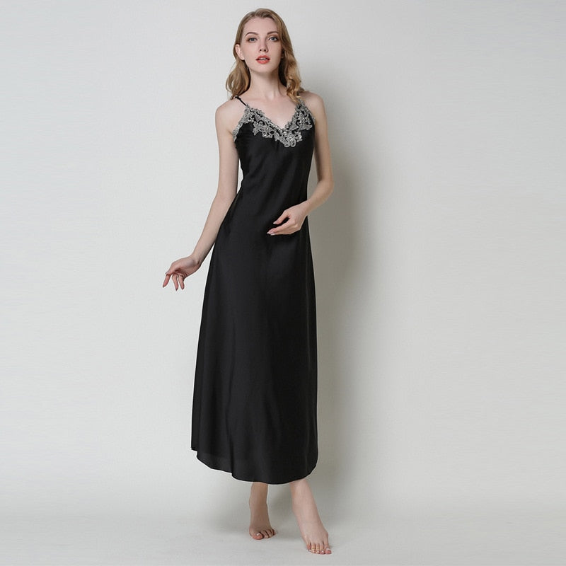 Long Chemise Lace Satin Nightgown