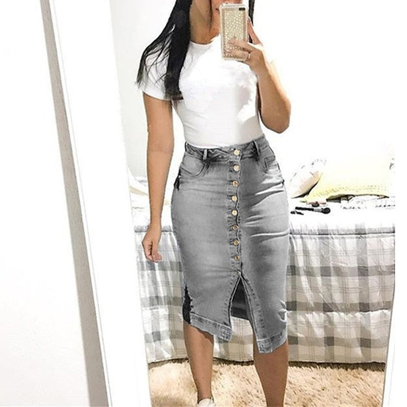 Midi Pencil High Waist Denim Button Skirt