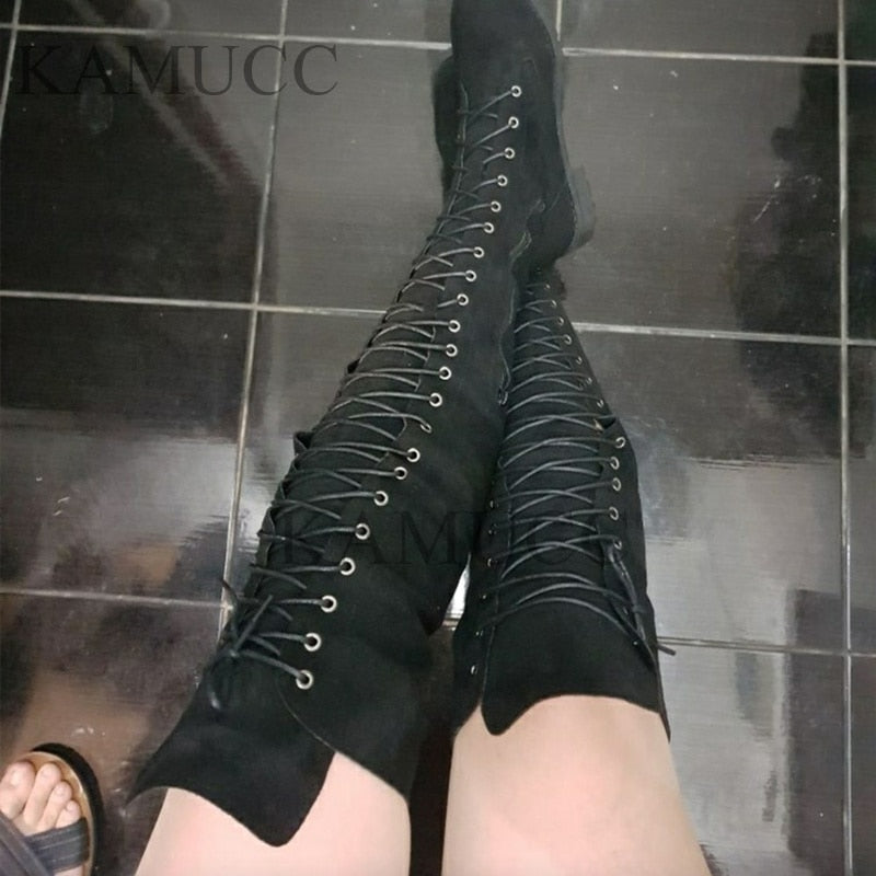 Cross Strap Suede Leather Knee High Boots