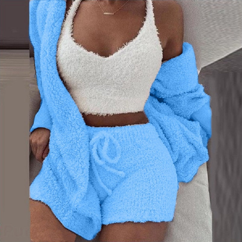 Warm Soft Fleece 3 Pieces Crop Top+Long Pants+Coat