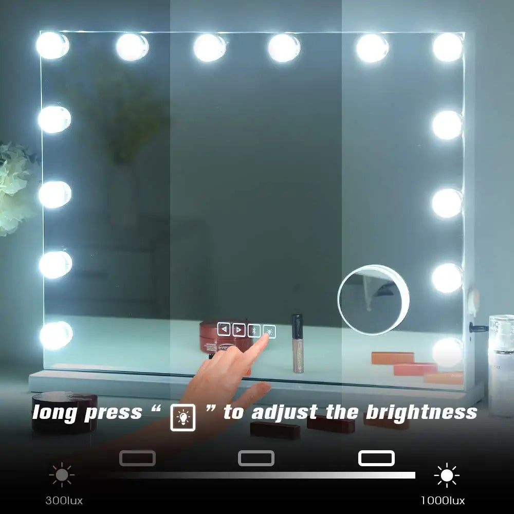 LED Large Makeup Mirror with 14 Dimmable Bulbs Hollywood Lighting and Charging Ports