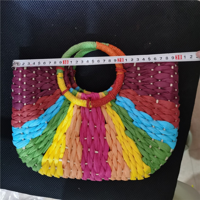 Round Handle Colorful Contrasting Colors Hand-Woven Straw Bag