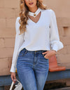Solid Color V-Neck Long Sleeve Shirt