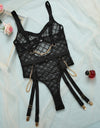 Transparent Crotchless Plaid Bodysuit Lingerie With Chain