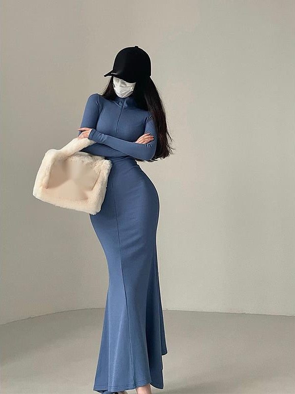 Zipper Lapel Slim V Neck Fishtail Dress