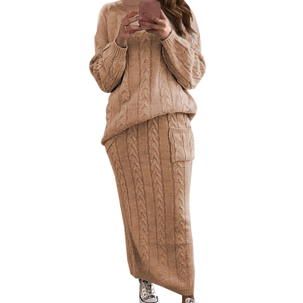 Warm Knitted 2 Piece Pullover Sweater Set
