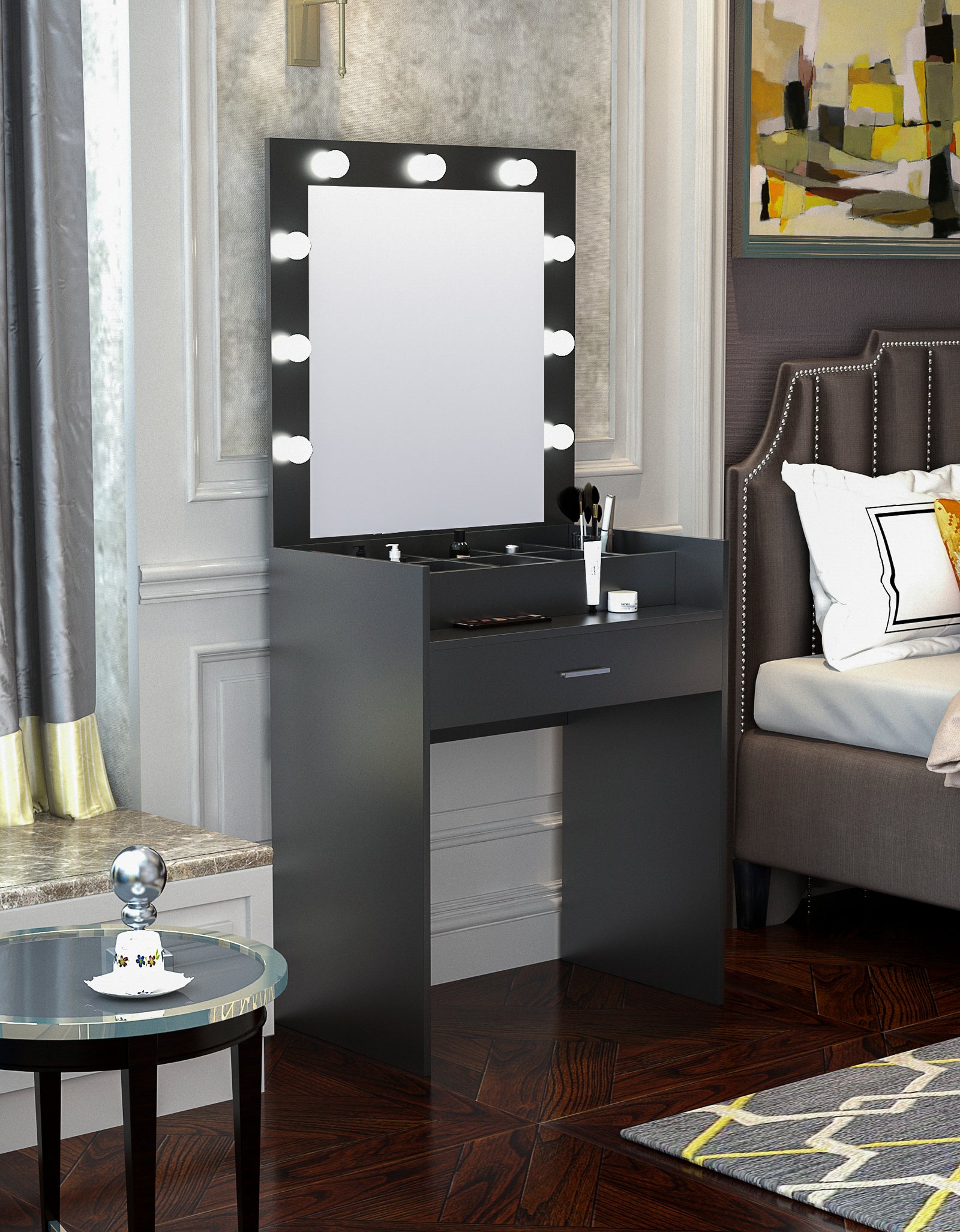 LED 1PC Dressing Table With Mirror Open Storage/Make Up Mirror Light Bulbs