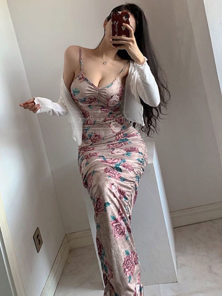 Low Cut Sexy Pleated Printing Floral Long Dress