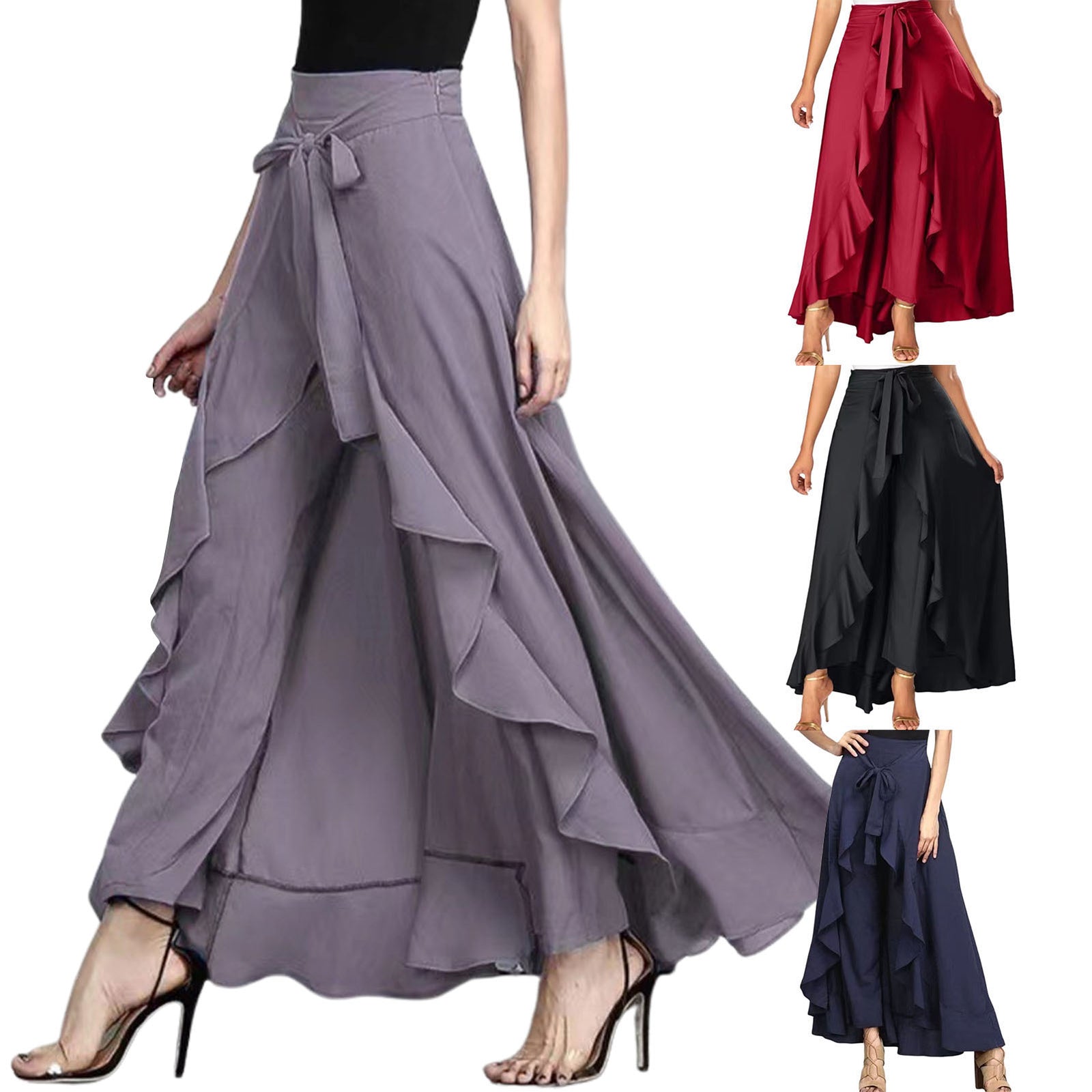 Chiffon Wide-Leg Ruffle Split Tie-Waist Maxi Skirt