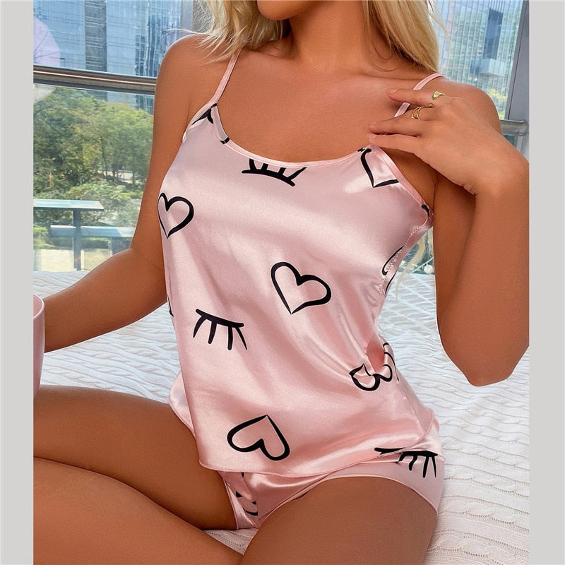 Silk Heart Print Pajama Set