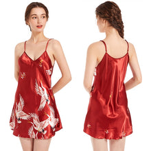 Cargar imagen en el visor de la galería, Satin Nightgown Crane Print Sleepwear With Spaghetti Strap
