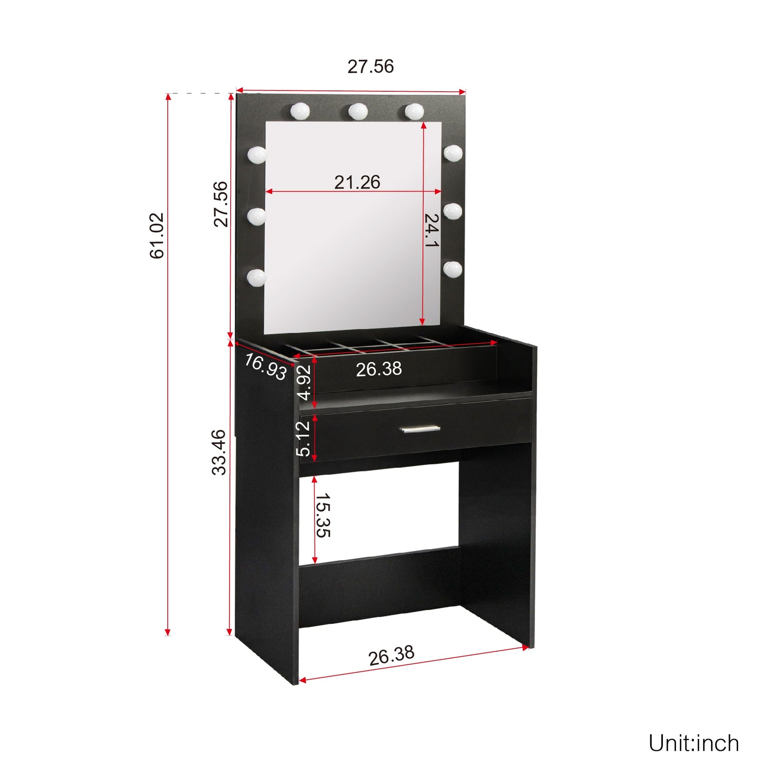 LED 1PC Dressing Table With Mirror Open Storage/Make Up Mirror Light Bulbs