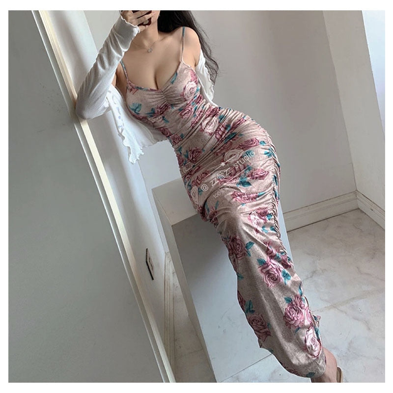 Low Cut Sexy Pleated Printing Floral Long Dress