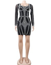 Long Sleeve Sheer Black Rhinestone Dress