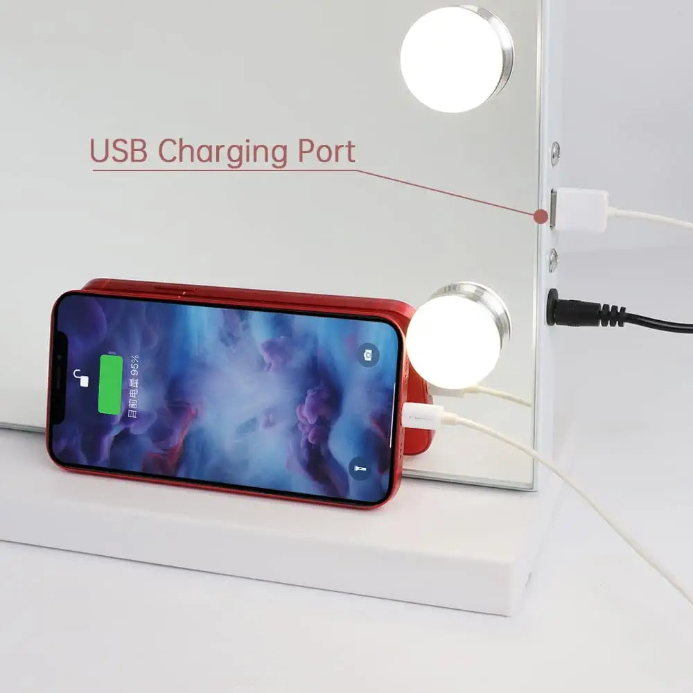 LED Large Makeup Mirror with 14 Dimmable Bulbs Hollywood Lighting and Charging Ports