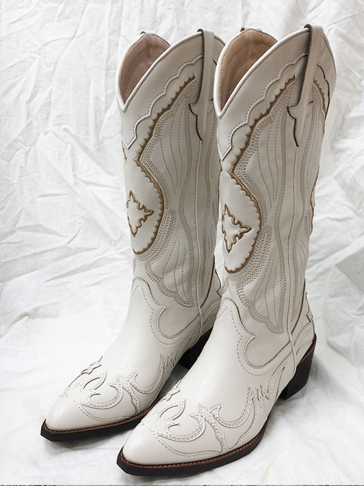 White Western Cowboy/Cowgirl Chunky Heel Pointed Boots